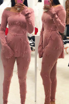 Pink Casual Solid Slit O Neck Long Sleeve Two Pieces