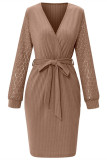 Red Casual Solid Hollowed Out Patchwork V Neck Long Sleeve Dresses