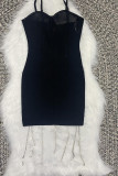 Black Sexy Solid Tassel Patchwork Hot Drill Spaghetti Strap Pencil Skirt Dresses