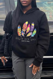 Black Casual Print Patchwork Basic Hooded Collar Tops