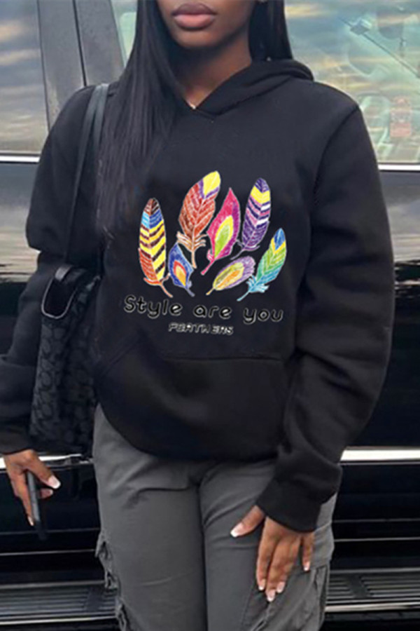 Black Casual Print Patchwork Basic Hooded Collar Tops