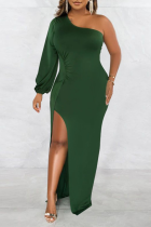 Army Green Sexy Solid Slit One Shoulder Pencil Skirt Dresses