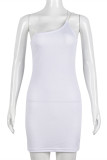White Sexy Solid Backless One Shoulder Sleeveless Dress