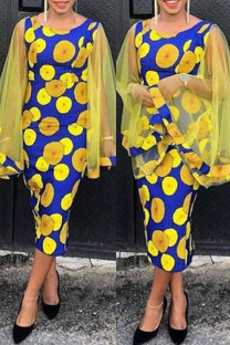Yellow Casual Print Patchwork O Neck Long Sleeve Dresses