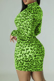 Leopard Print Sexy Print Patchwork Zipper Half A Turtleneck Long Sleeve Dresses