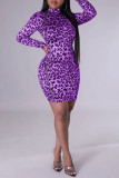 Leopard Print Sexy Print Patchwork Zipper Half A Turtleneck Long Sleeve Dresses