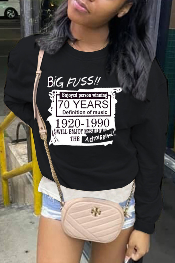 Black Casual Letter Print Patchwork O Neck Tops