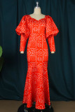 Red Sexy Formal Print Patchwork Square Collar Evening Dress