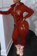 Brick Red Sexy Print Patchwork Hooded Collar Long Sleeve Two Pieces