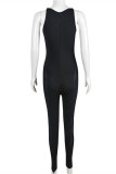 Black Sexy Patchwork Hot Drilling Hollowed Out See-through O Neck Skinny Jumpsuits