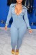 Sky Blue Street Print Letter Turndown Collar Jumpsuits