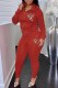 Red Sexy Print Patchwork Hooded Collar Long Sleeve Two Pieces