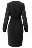 Red Casual Solid Hollowed Out Patchwork V Neck Long Sleeve Dresses