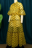 Yellow Casual Sweet Print Polka Dot Bandage Patchwork O Neck Straight Dresses