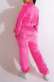 Rose Red Casual Solid Patchwork Zipper Long Sleeve Two Pieces