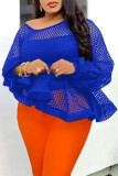 Blue Sexy Solid Hollowed Out Patchwork Flounce Asymmetrical O Neck Tops(Contains No Underwear)