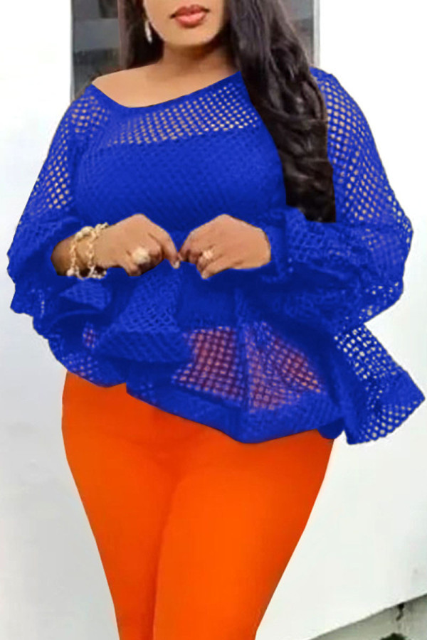 Blue Sexy Solid Hollowed Out Patchwork Flounce Asymmetrical O Neck Tops(Contains No Underwear)
