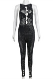 Black Sexy Patchwork Hot Drilling Hollowed Out See-through O Neck Skinny Jumpsuits