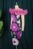 Multicolor Sexy Formal Print Patchwork Slit Off the Shoulder Evening Dress