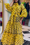 Yellow Casual Sweet Print Polka Dot Bandage Patchwork O Neck Straight Dresses