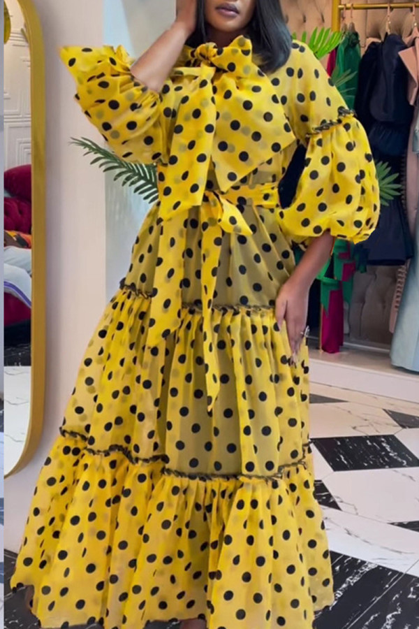 Yellow Casual Sweet Print Polka Dot Bandage Patchwork O Neck Straight Dresses