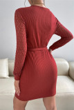 Red Casual Solid Hollowed Out Patchwork V Neck Long Sleeve Dresses