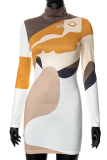 Yellow Sexy Print Patchwork Turtleneck Pencil Skirt Dresses