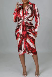 Colour Casual Print Patchwork Turndown Collar Long Sleeve Dresses