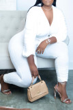 White Casual Solid Bandage Patchwork Fold V Neck Plus Size Jumpsuits
