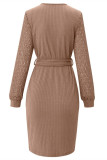 Red Casual Solid Hollowed Out Patchwork V Neck Long Sleeve Dresses