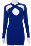 Blue Sexy Solid Hollowed Out Halter Pencil Skirt Dresses