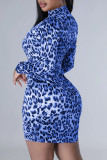 Leopard Print Sexy Print Patchwork Zipper Half A Turtleneck Long Sleeve Dresses