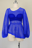 Blue Sexy Solid Hollowed Out Patchwork Flounce Asymmetrical O Neck Tops(Contains No Underwear)