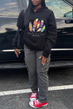 Black Casual Print Patchwork Basic Hooded Collar Tops