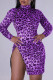 Purple Sexy Print Patchwork Zipper Half A Turtleneck Long Sleeve Dresses