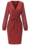 Red Casual Solid Hollowed Out Patchwork V Neck Long Sleeve Dresses