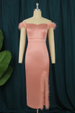 Pink Sexy Formal Patchwork Backless Slit Off the Shoulder Evening Dress