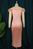 Pink Sexy Formal Patchwork Backless Slit Off the Shoulder Evening Dress