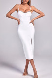 Red Elegant Solid Patchwork Slit Hot Drill Spaghetti Strap Sling Dress Dresses