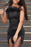 Black Sexy Patchwork Tassel Slit Spaghetti Strap Pencil Skirt Dresses