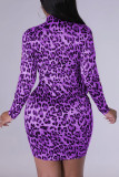 Leopard Print Sexy Print Patchwork Zipper Half A Turtleneck Long Sleeve Dresses