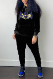 Black Casual Letter Print Patchwork Hooded Collar Long Sleeve Two Pieces