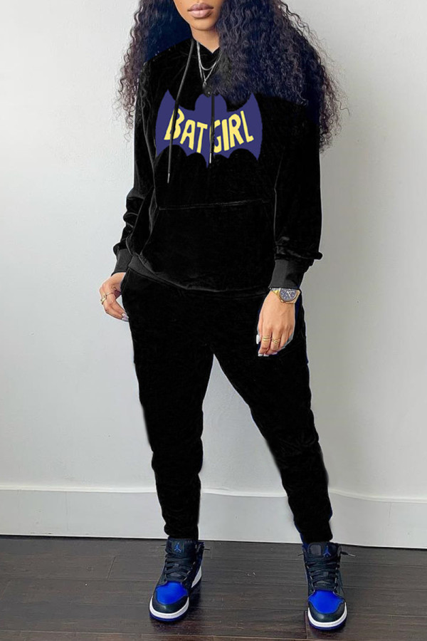 Black Casual Letter Print Patchwork Hooded Collar Long Sleeve Two Pieces