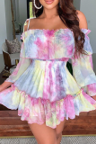 Pink Casual Patchwork Tie-dye Flounce Spaghetti Strap Cake Skirt Dresses