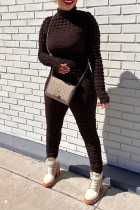 Coffee Casual Solid Patchwork Half A Turtleneck Regular Jumpsuits