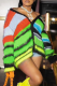 Green Casual Striped Patchwork V Neck Tops