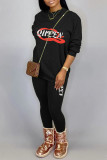 Black Casual Print Patchwork O Neck Long Sleeve Two Pieces