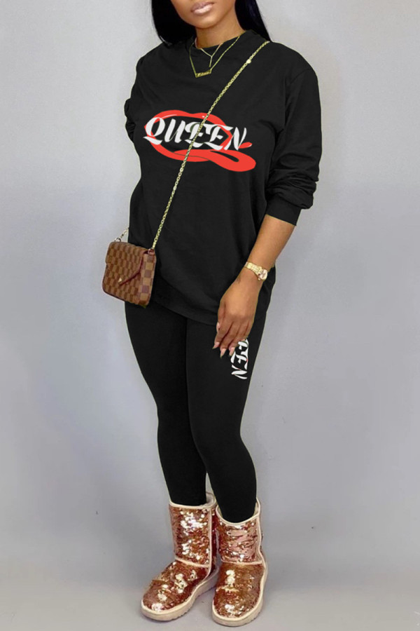 Black Casual Print Patchwork O Neck Long Sleeve Two Pieces