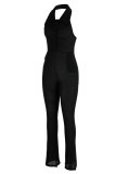 Black Sexy Casual Solid Backless Fold Turndown Collar Skinny Jumpsuits