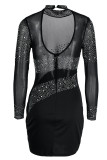 White Sexy Patchwork Hot Drilling See-through Backless Turtleneck Long Sleeve Dresses